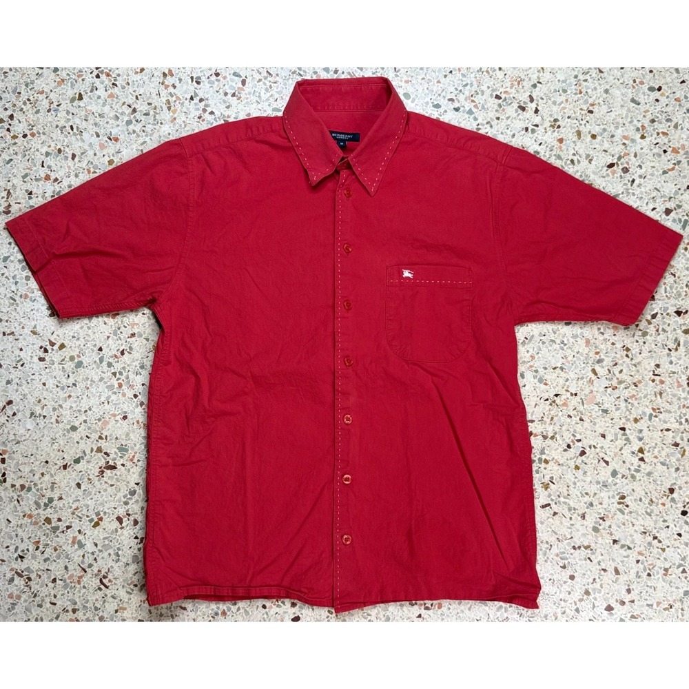 Burberry London Men's Embroidered Button Up Red Short Sleeve Shirt Size Medium